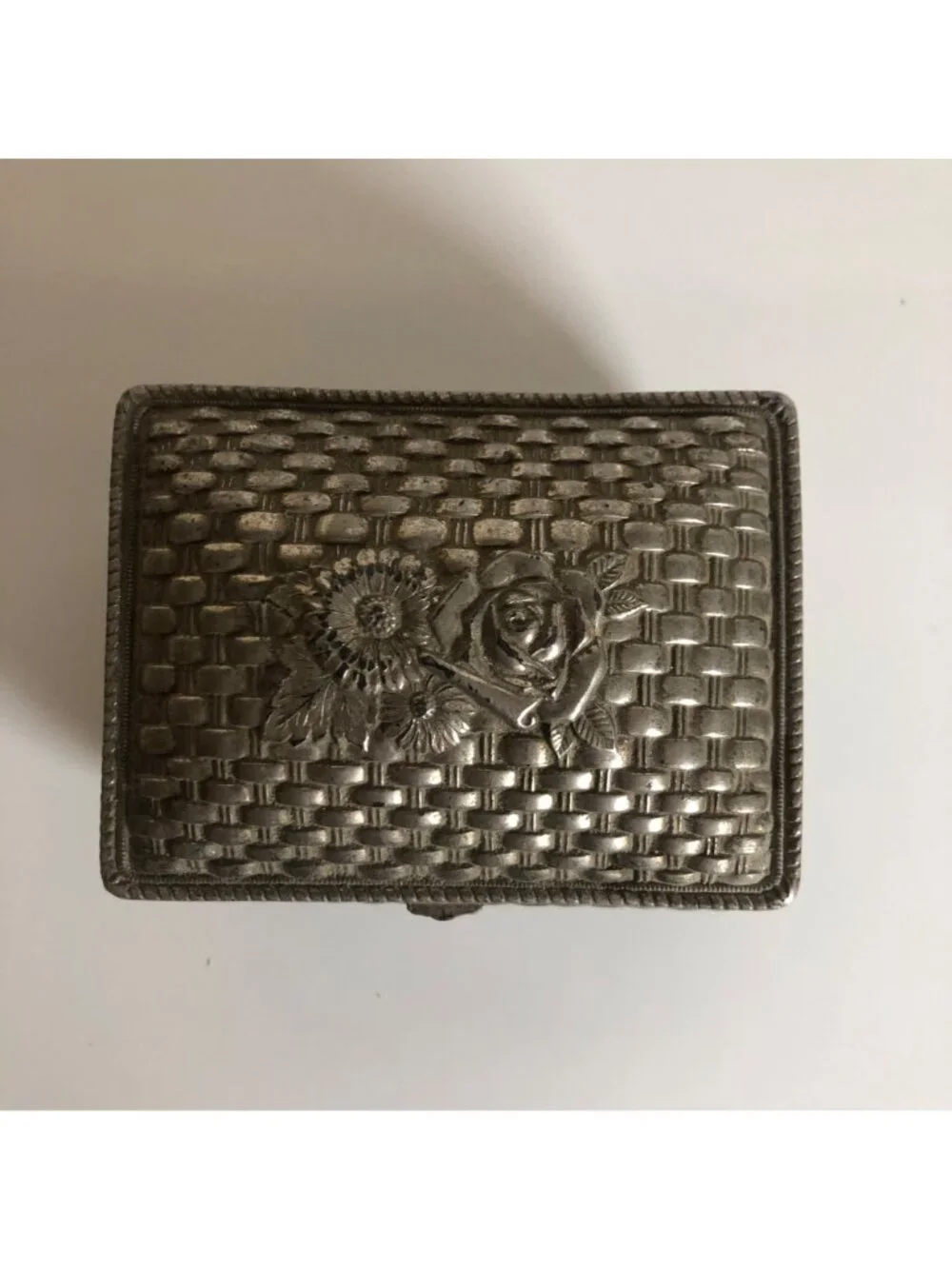 Vintage Silver Plated Jewelry Box Made in Japan Basket Weave Floral Trinket Cask